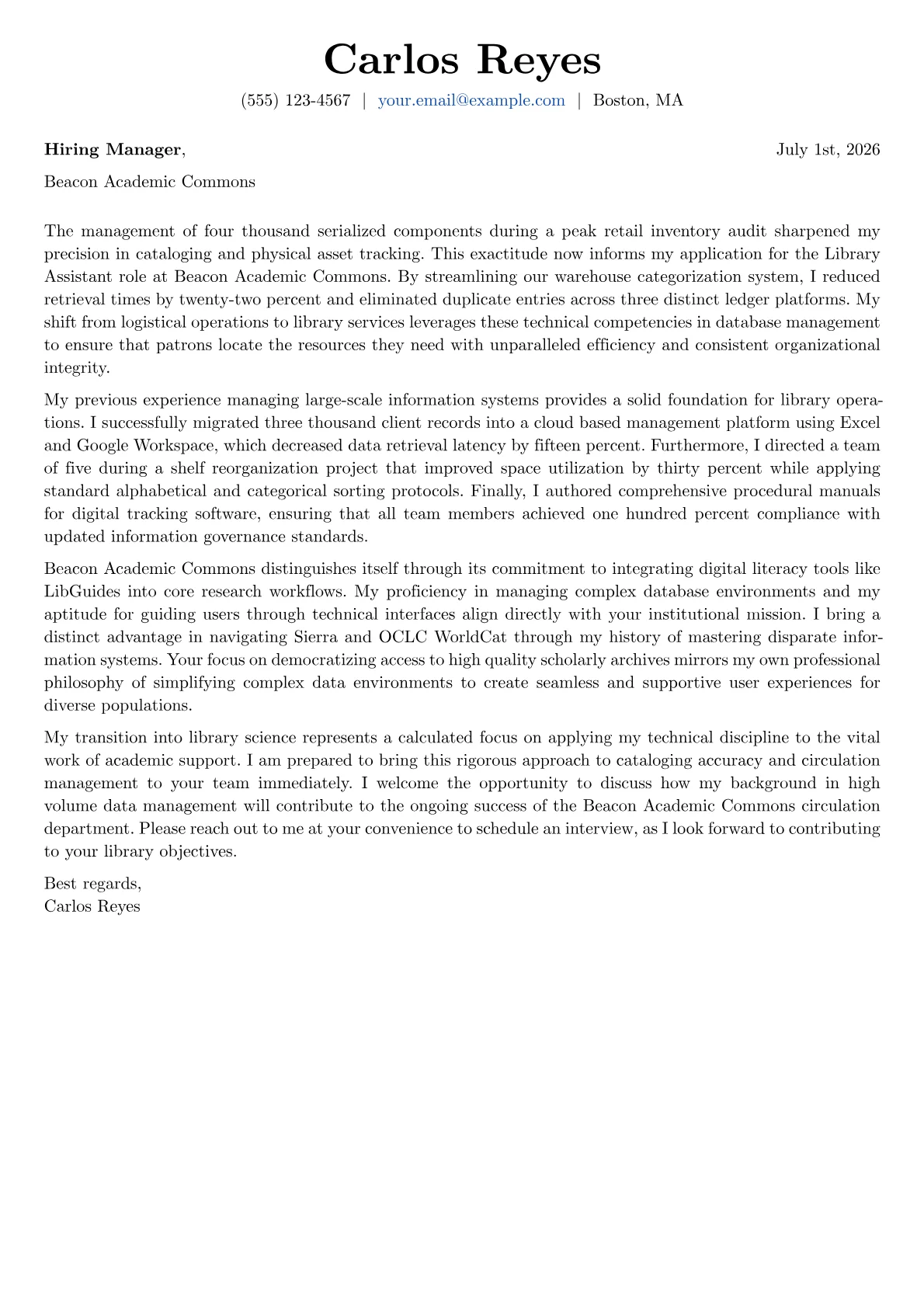 Library Assistant cover letter in the Basic design