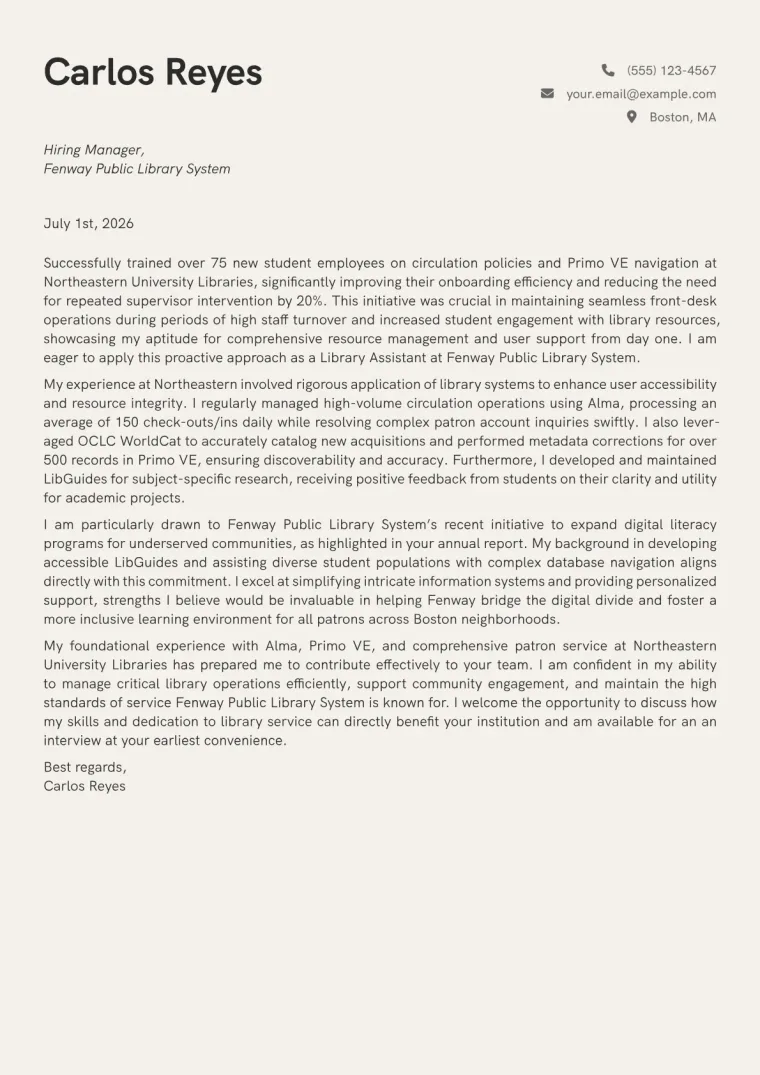 Library Assistant Cover Letter Example