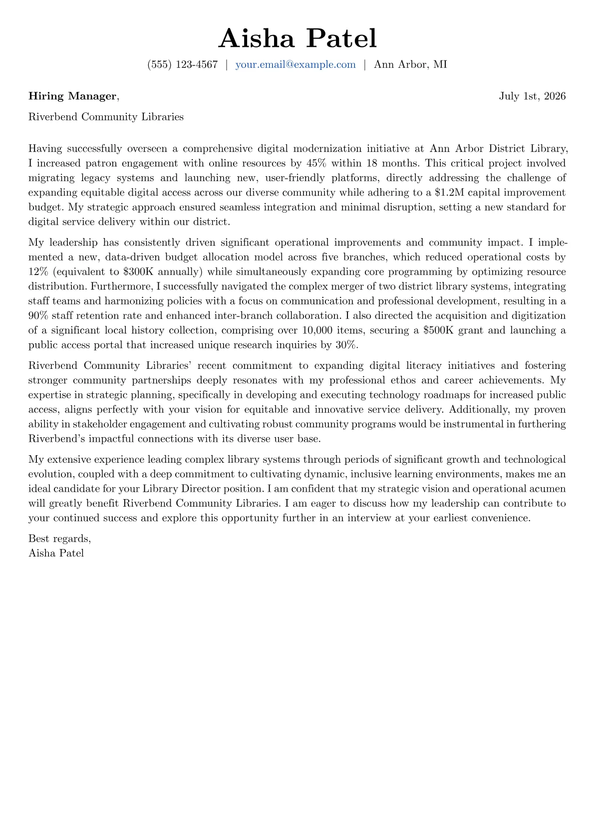 Library Director cover letter formatted with a JobSprout template