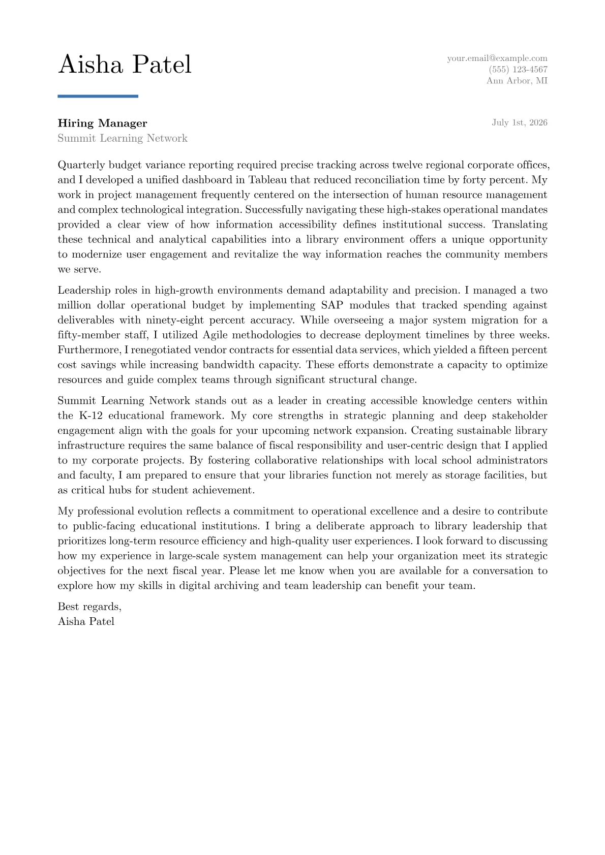 Library Director cover letter in the Executive design