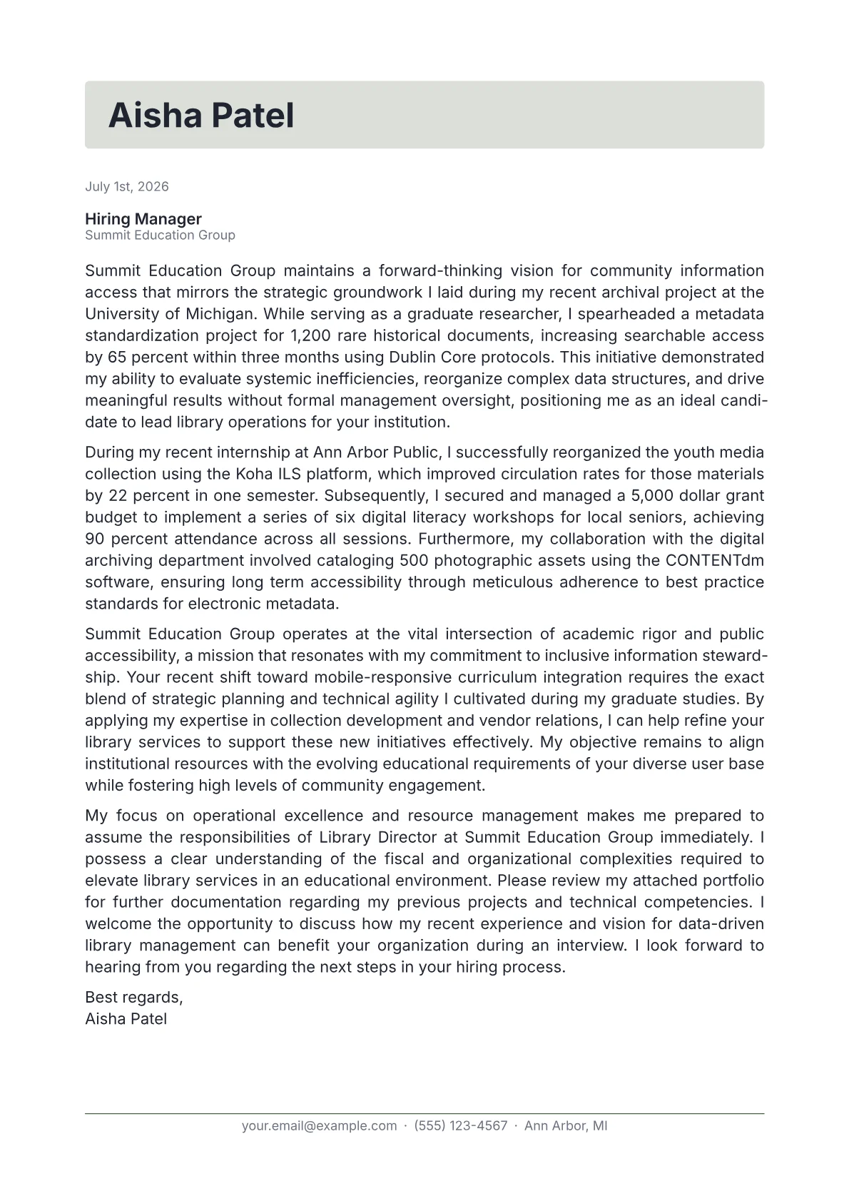 Library Director cover letter in the Letterhead design