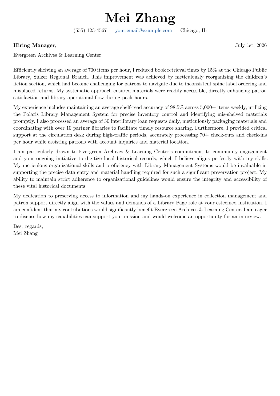 Library Page cover letter formatted with a JobSprout template