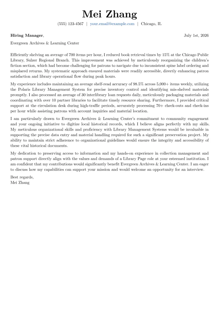 Library Page Cover Letter Example