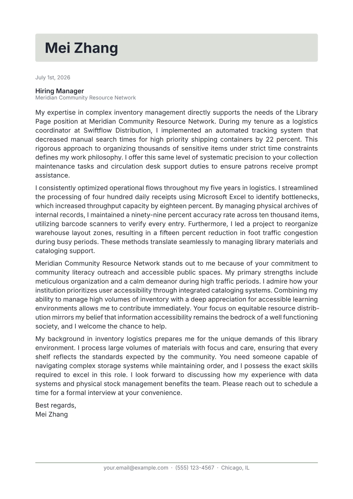 Library Page cover letter in the Letterhead design