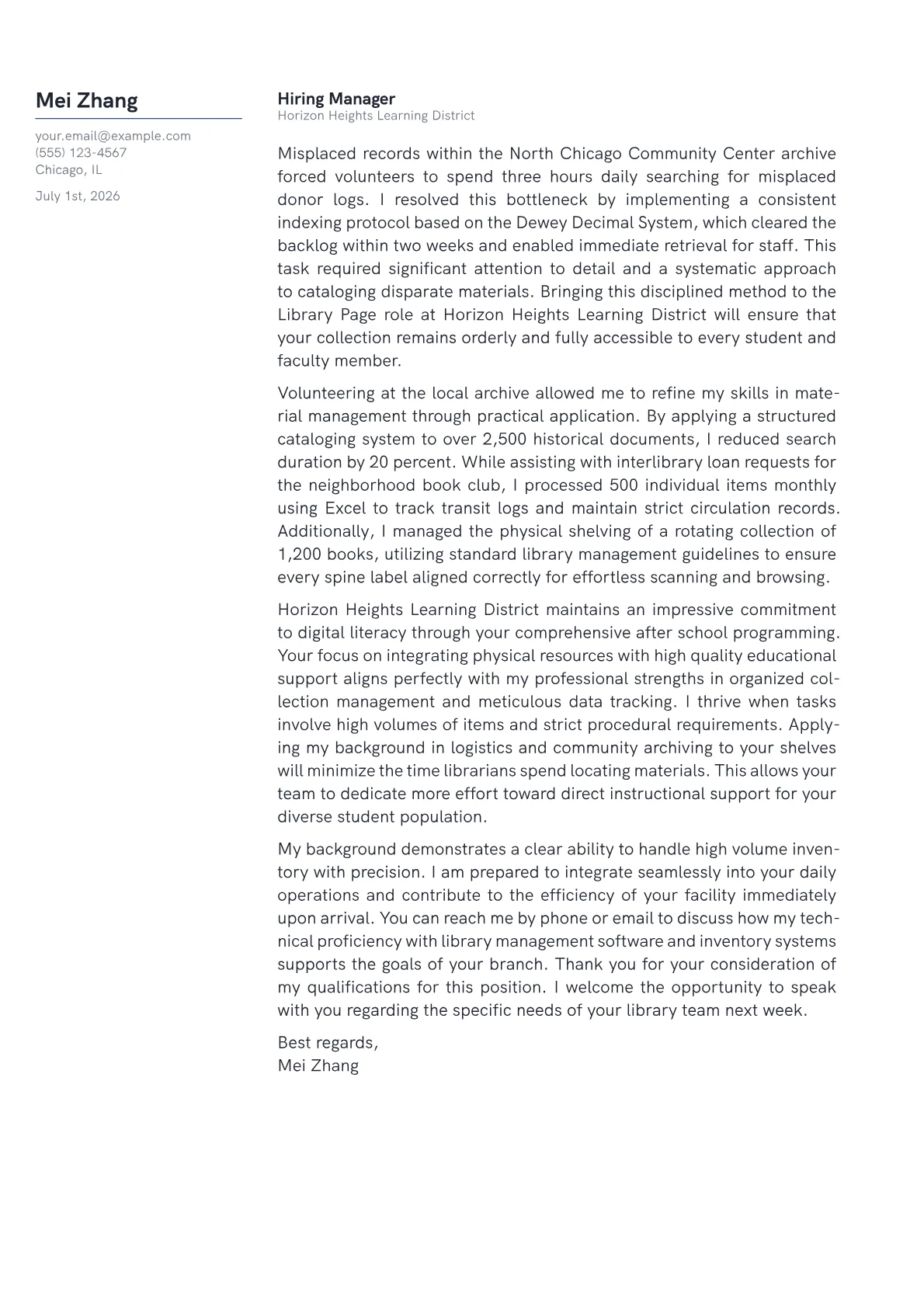 Library Page cover letter in the Margin design