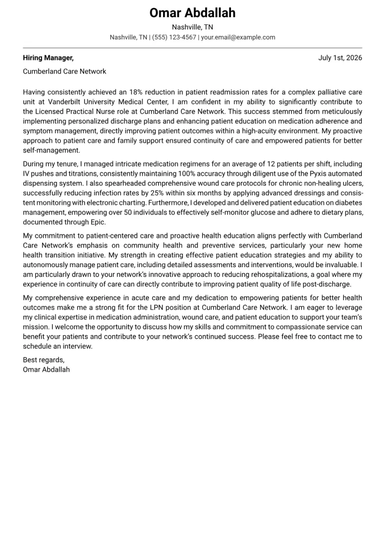 Licensed Practical Nurse Cover Letter Example