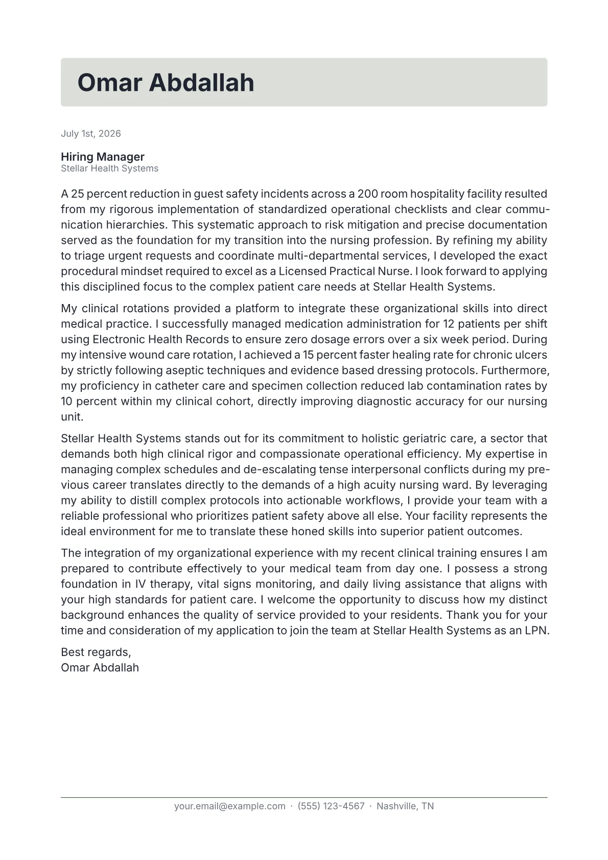 Licensed Practical Nurse cover letter in the Letterhead design
