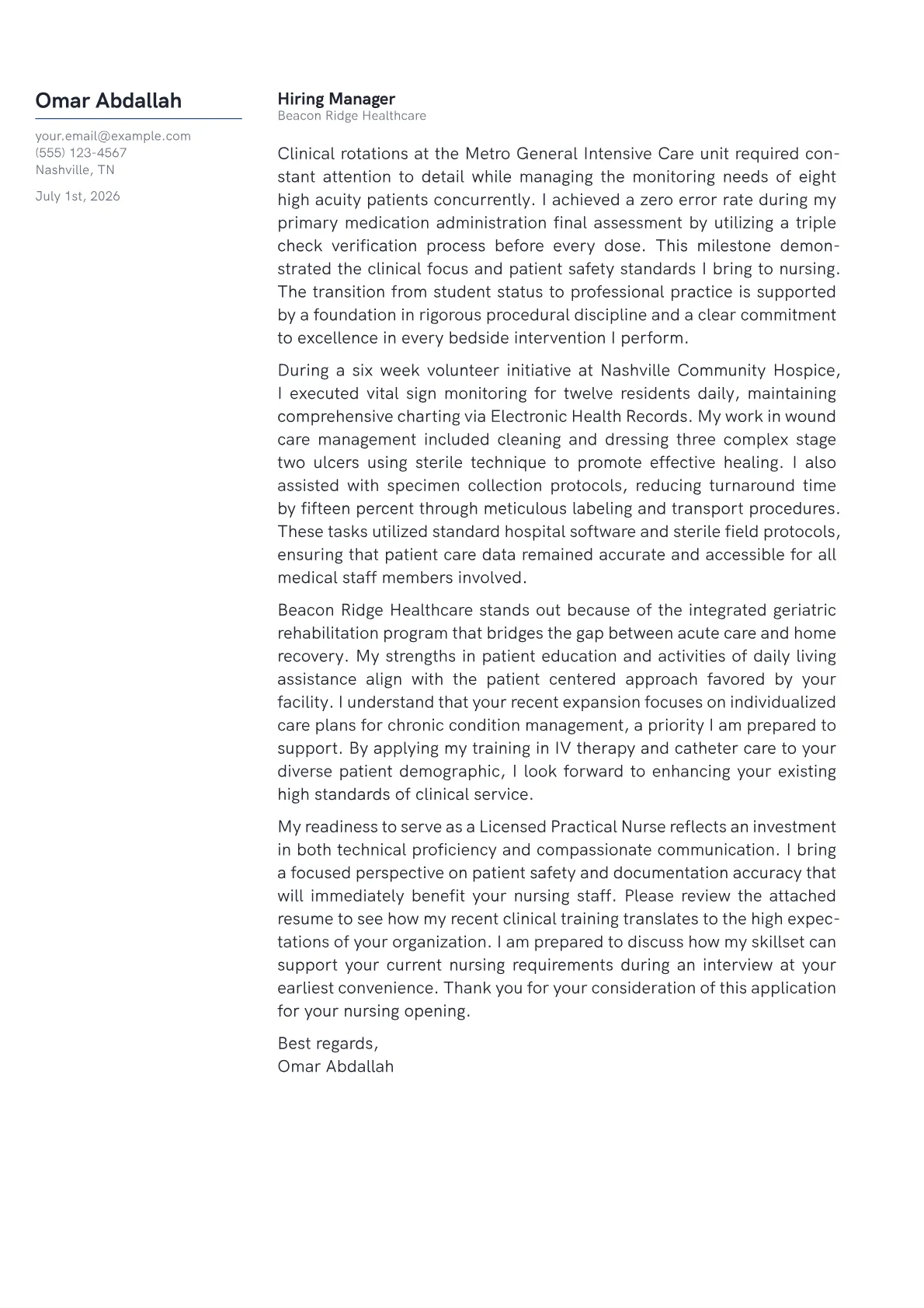 Licensed Practical Nurse cover letter in the Margin design