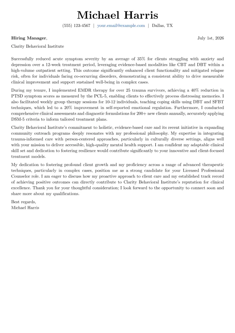 Licensed Professional Counselor Cover Letter Example