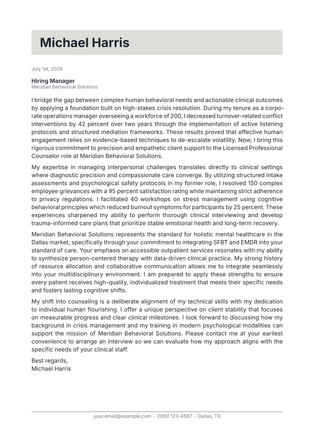 Licensed Professional Counselor cover letter in the Letterhead design