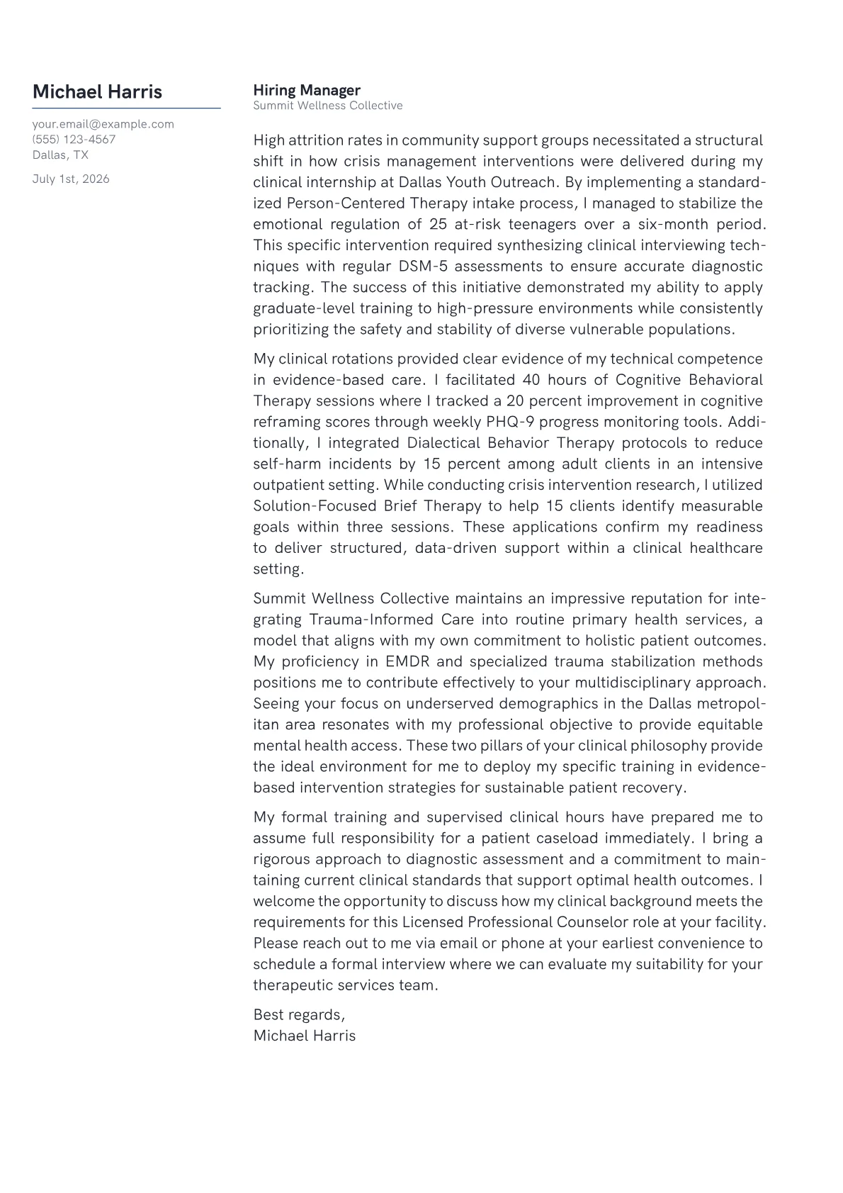 Licensed Professional Counselor cover letter in the Margin design
