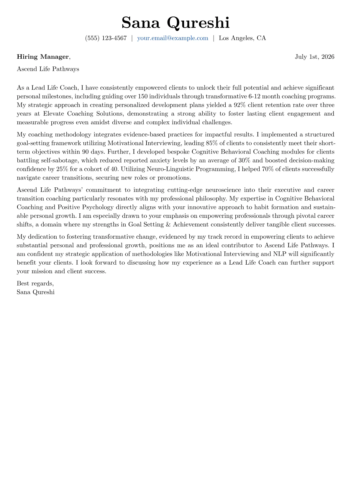 Life Coach cover letter formatted with a JobSprout template