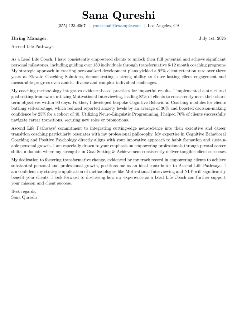 Life Coach Cover Letter Example