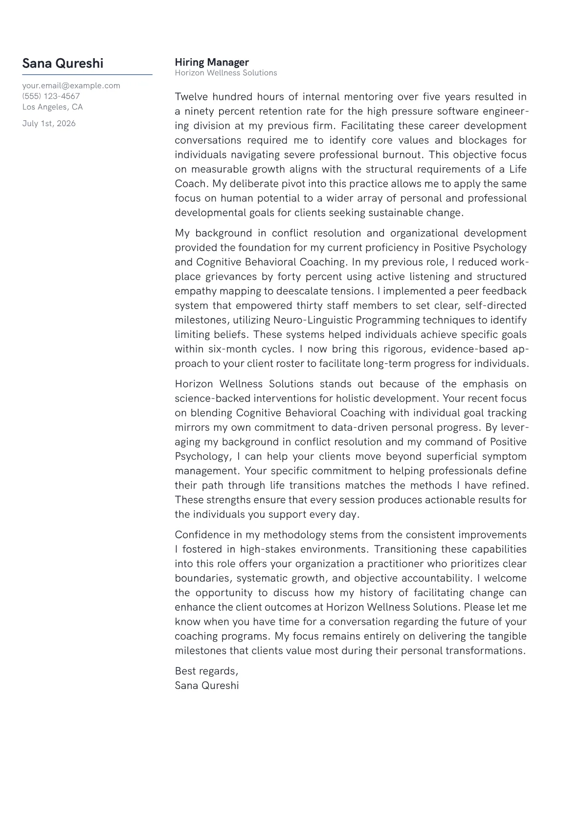 Life Coach cover letter in the Margin design
