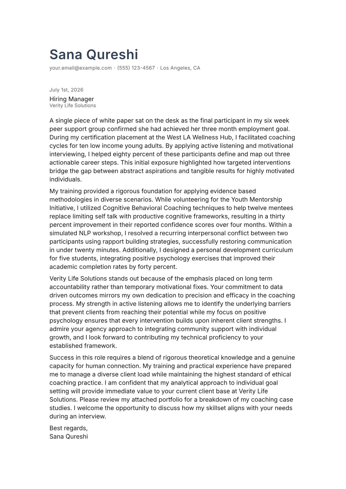 Life Coach cover letter in the Minimal design