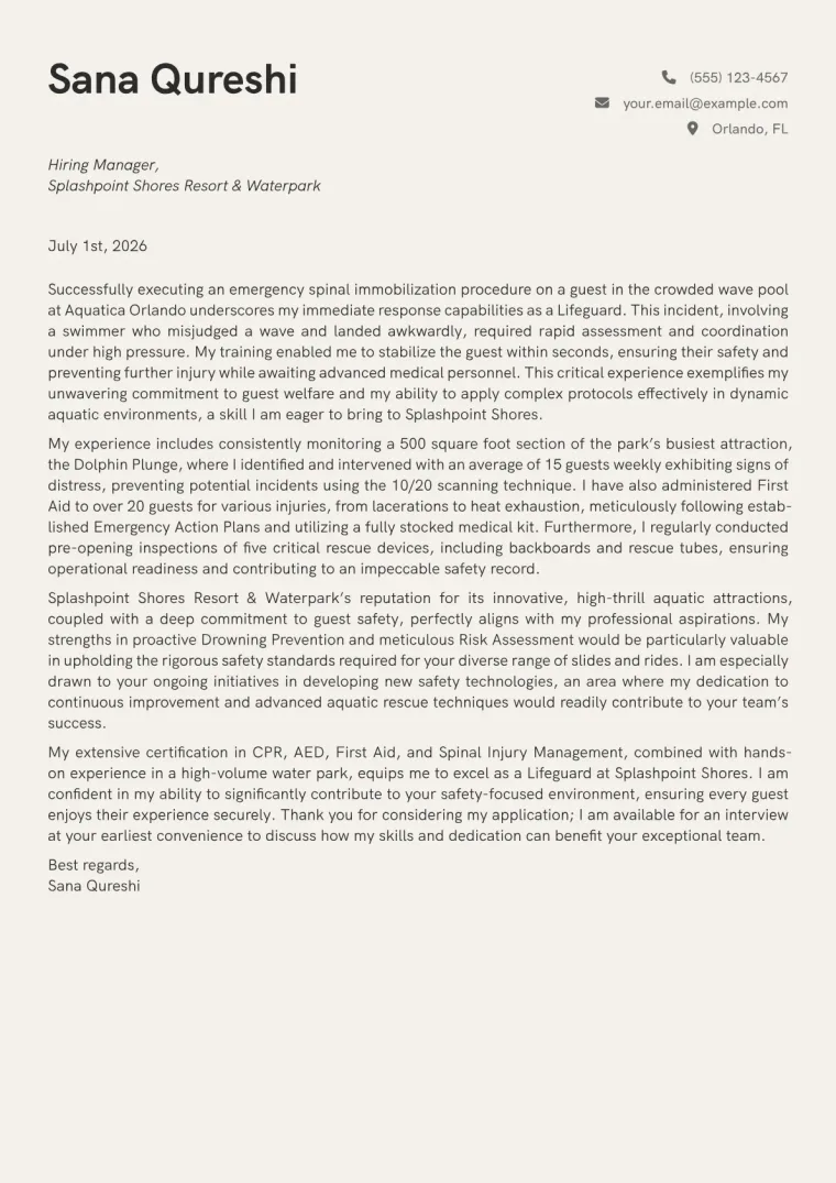 Lifeguard Cover Letter Example
