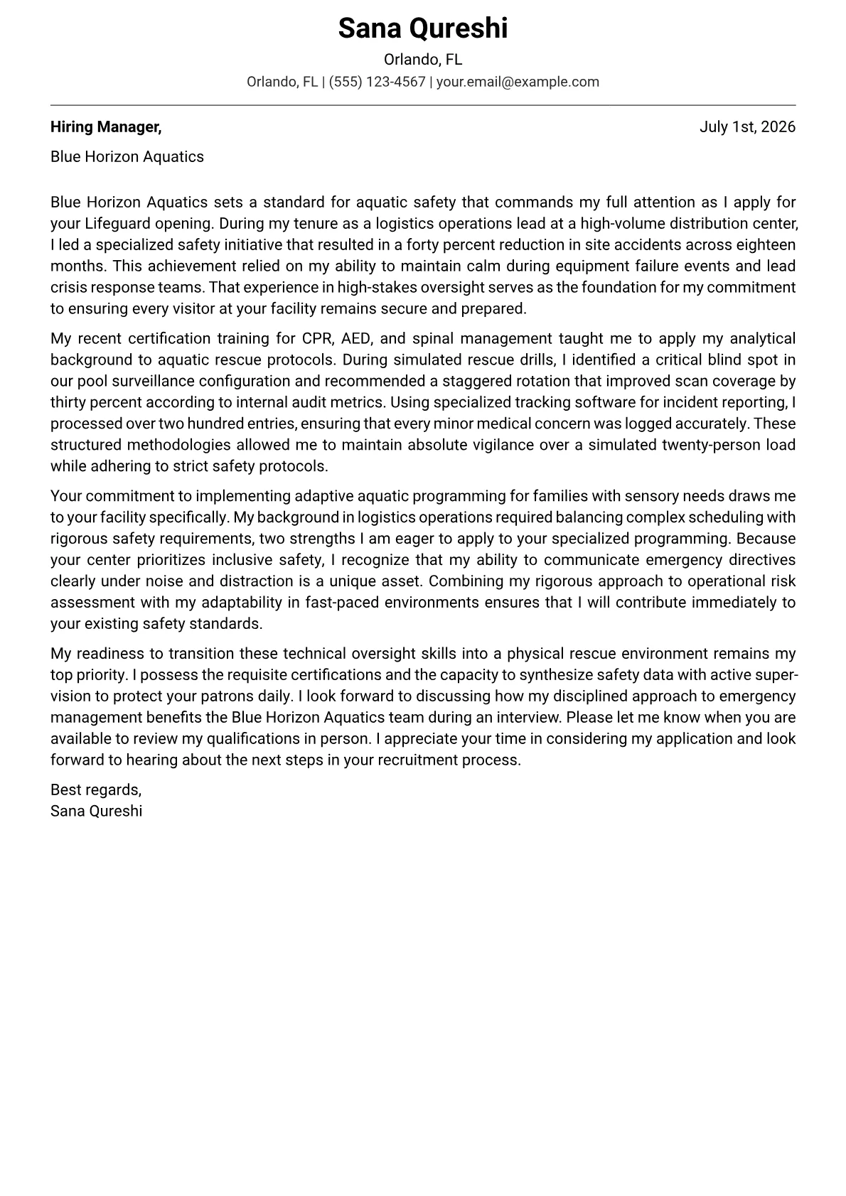 Lifeguard cover letter in the Modern design