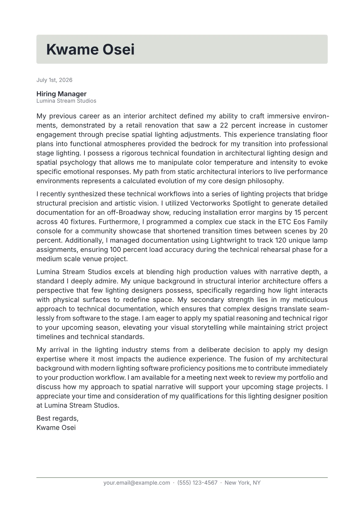 Lighting Designer cover letter in the Letterhead design