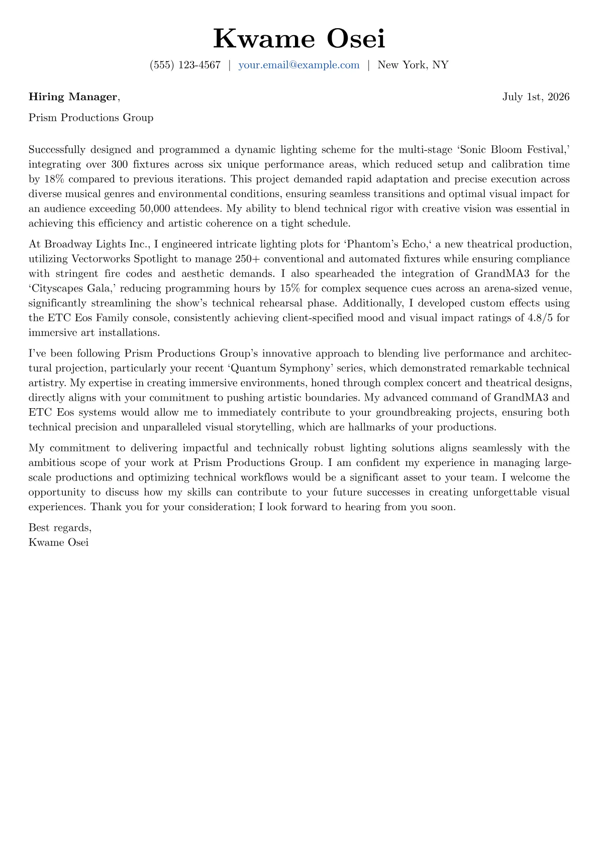 Lighting Designer cover letter formatted with a JobSprout template