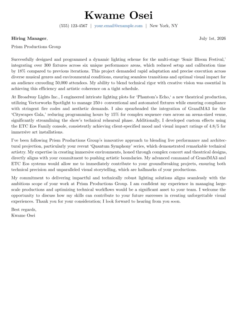 Lighting Designer cover letter example preview