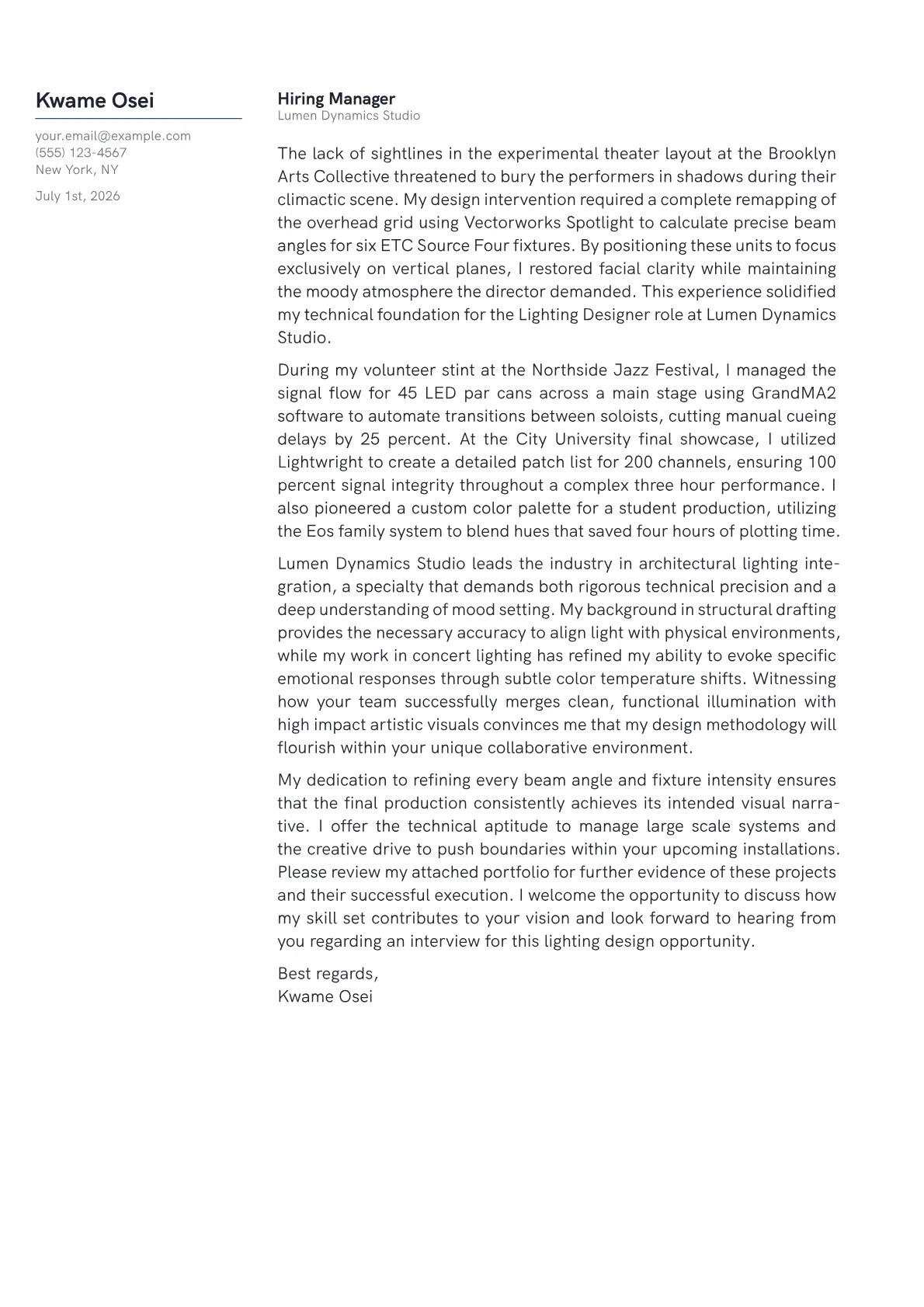 Lighting Designer cover letter in the Margin design