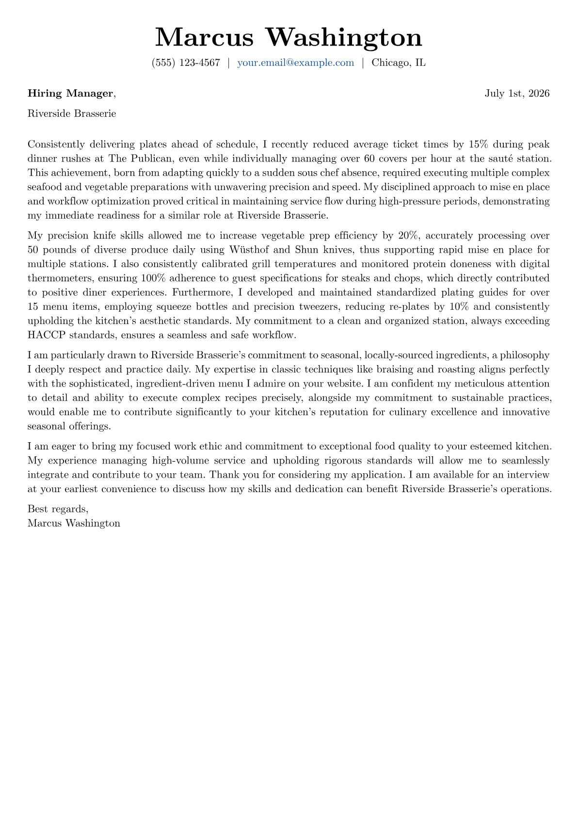 Line Cook cover letter formatted with a JobSprout template