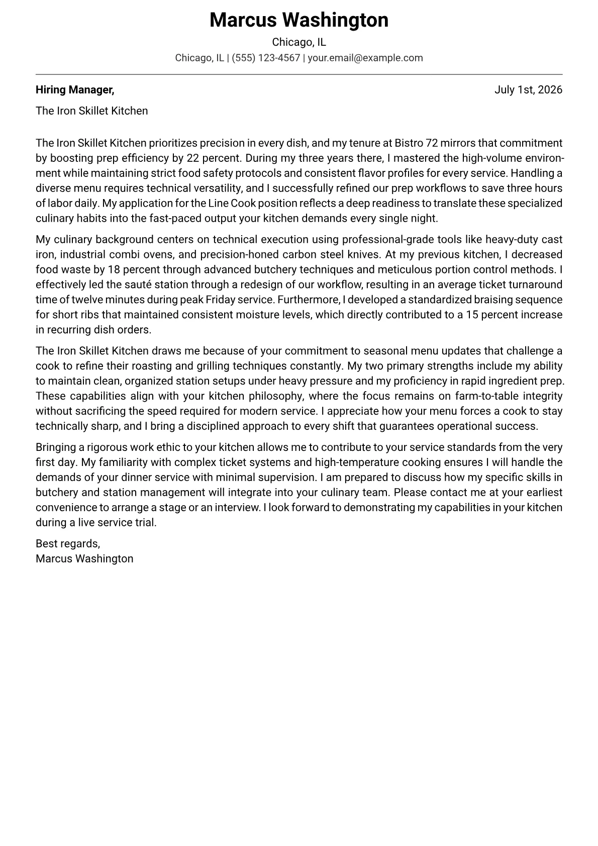 Line Cook cover letter in the Modern design
