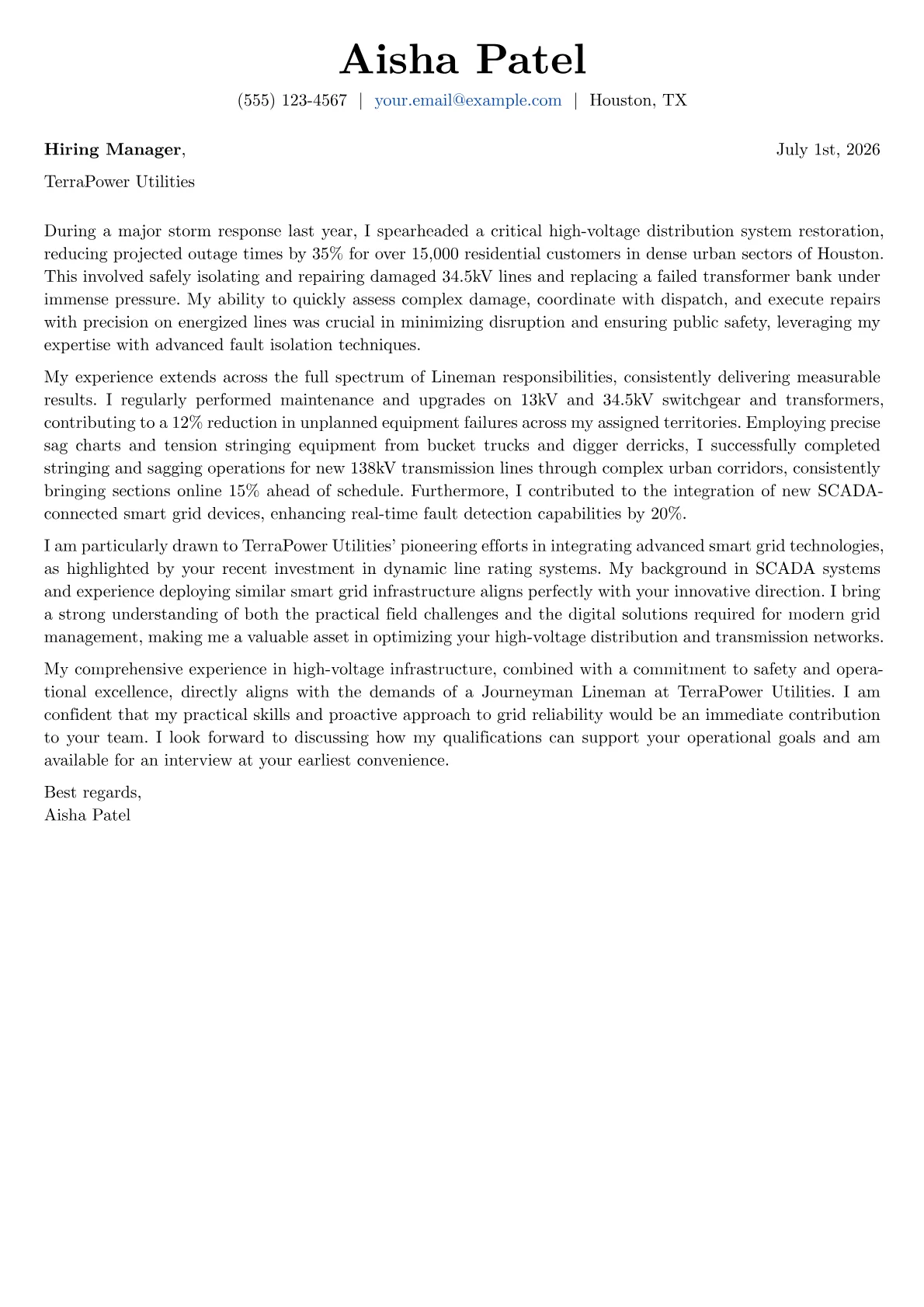Lineman cover letter formatted with a JobSprout template
