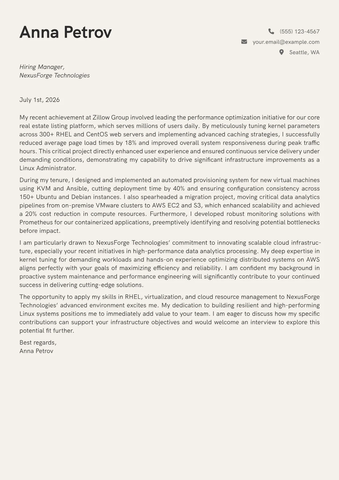 Linux Administrator cover letter formatted with a JobSprout template