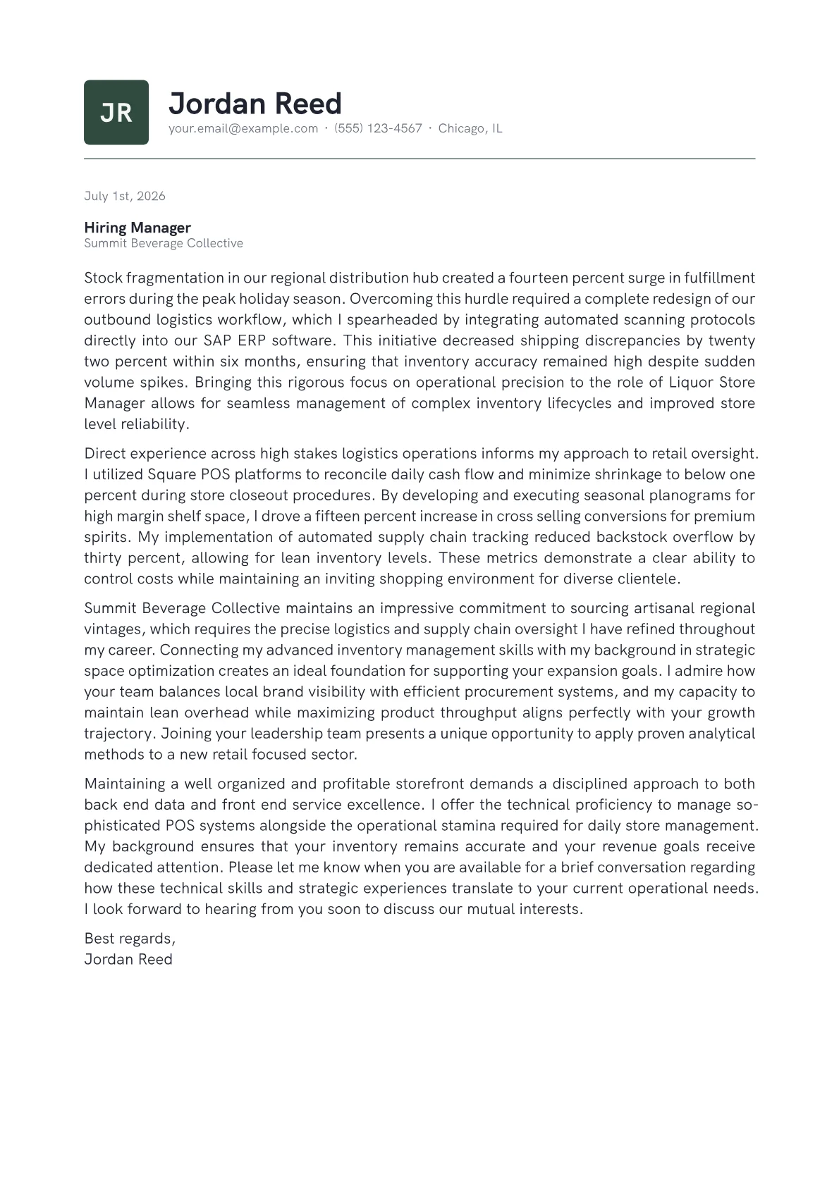 Liquor Store Manager cover letter in the Emblem design