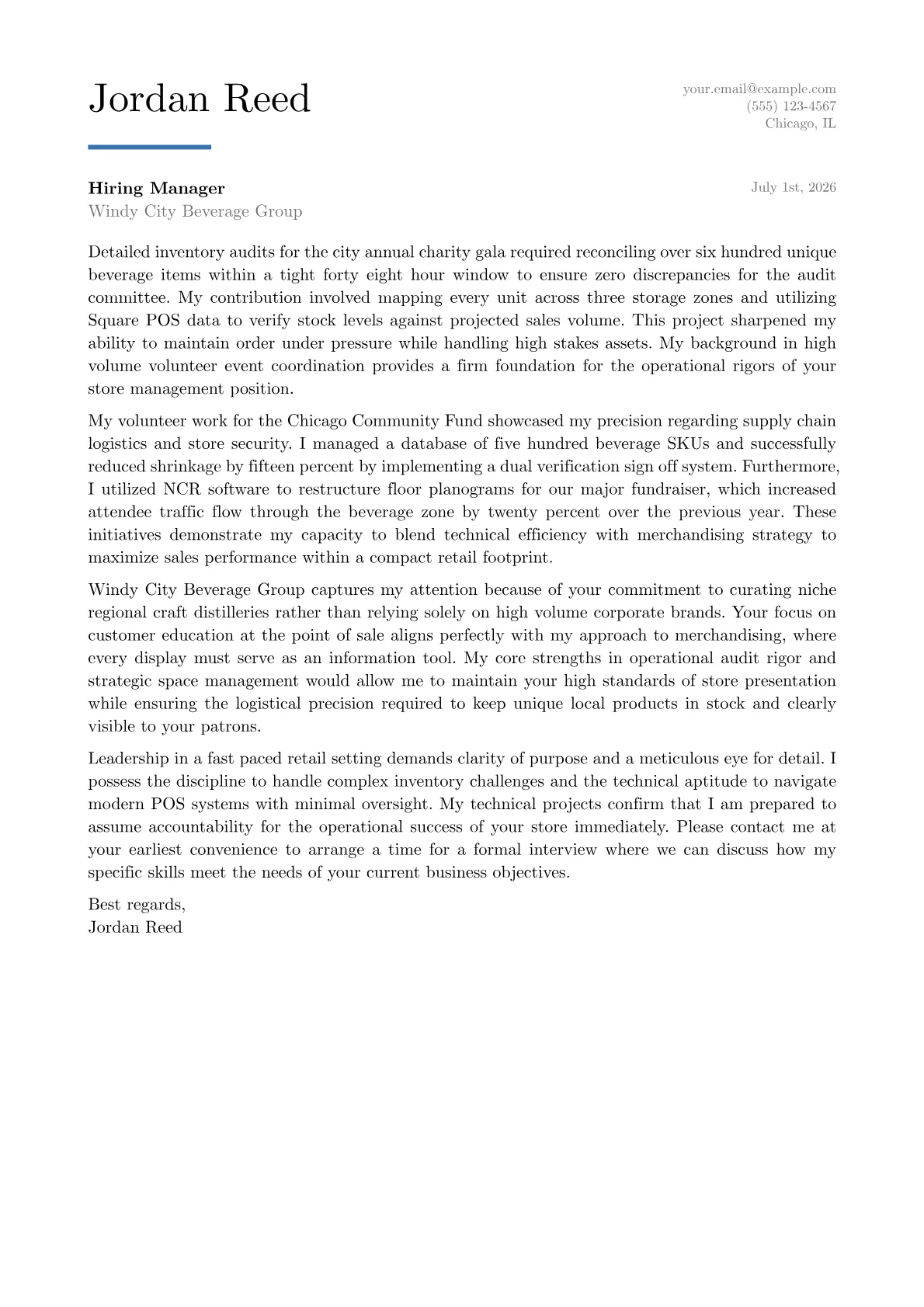 Liquor Store Manager cover letter in the Executive design