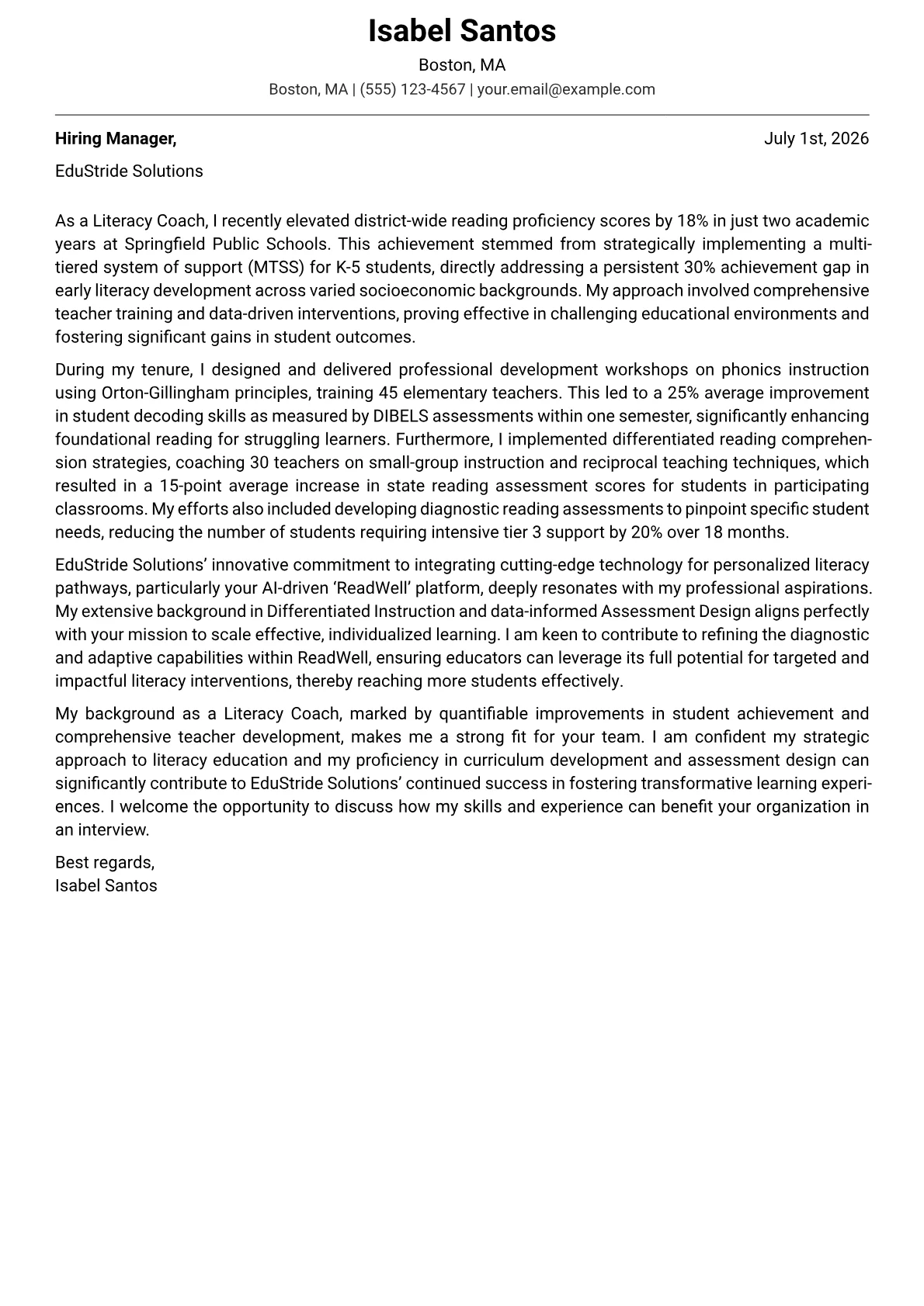 Literacy Coach cover letter formatted with a JobSprout template