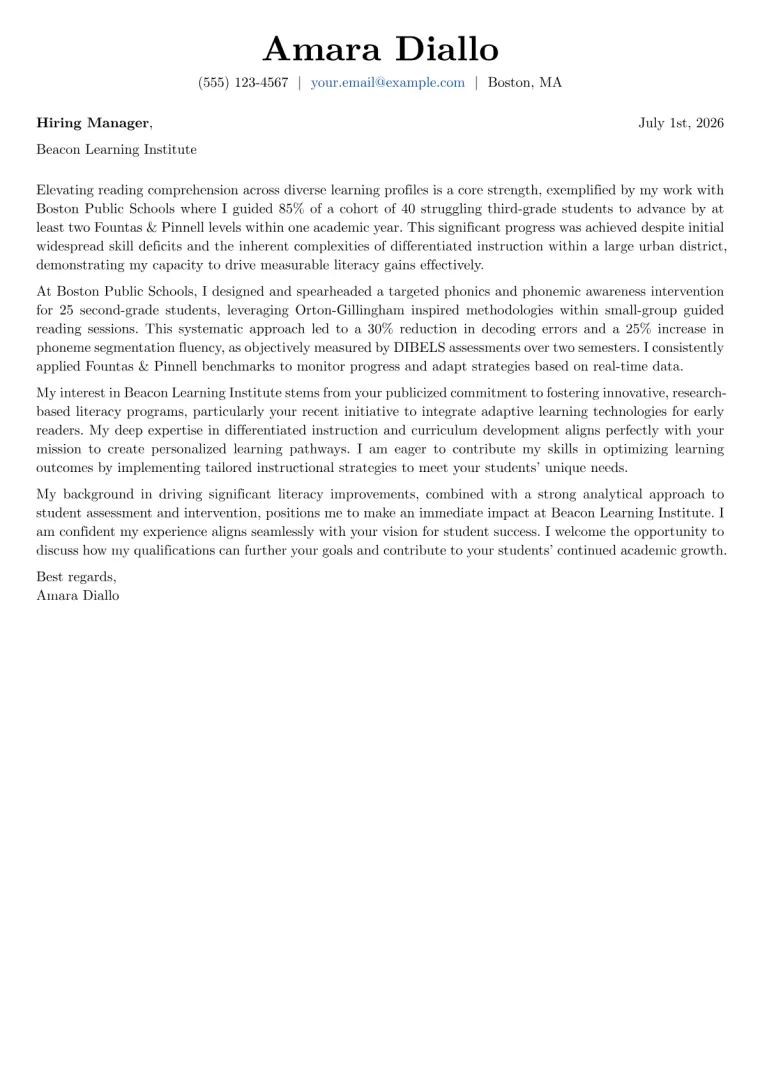 Literacy Specialist cover letter example preview