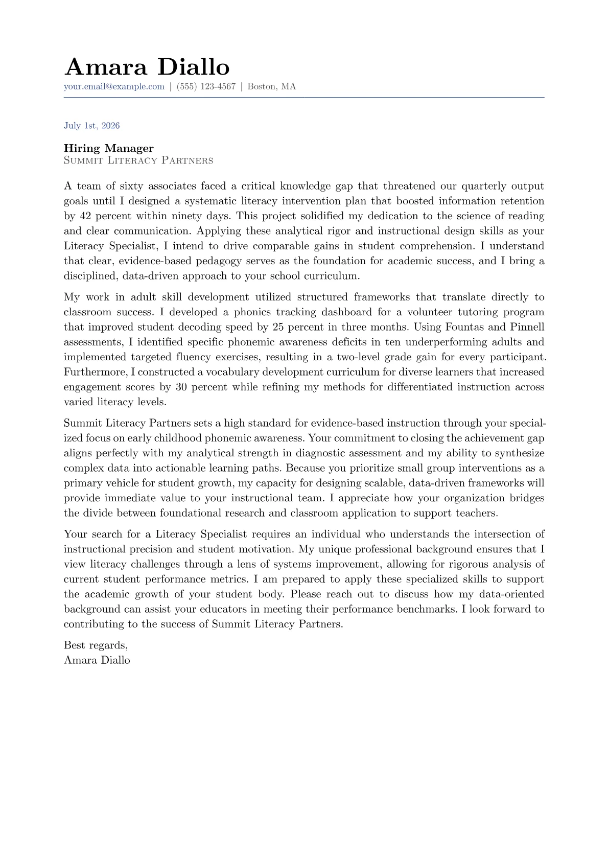 Literacy Specialist cover letter in the Classic design