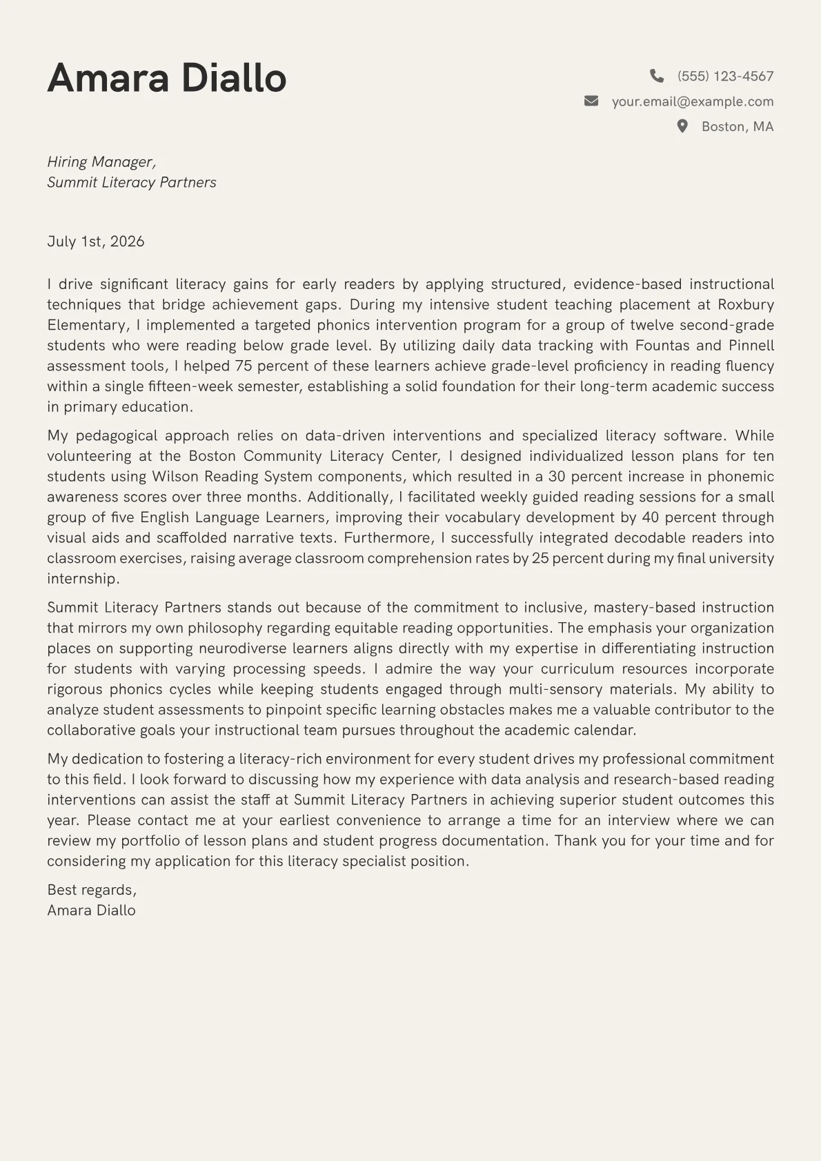 Literacy Specialist cover letter in the Creative design