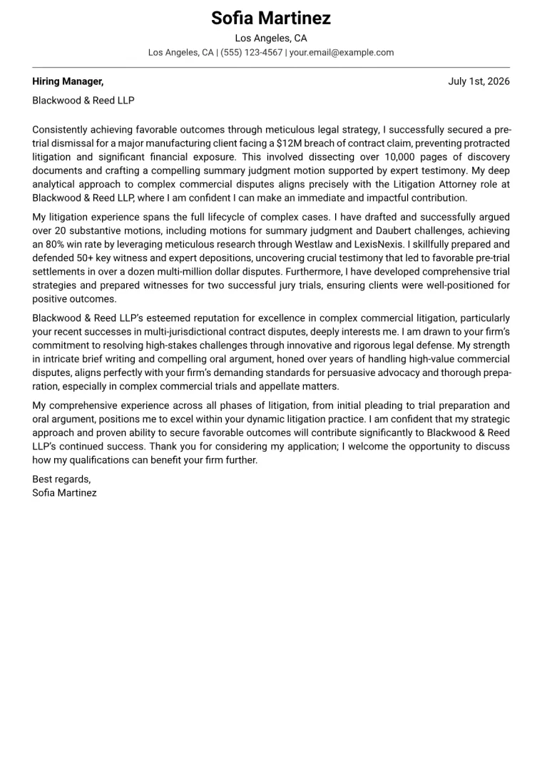 Litigation Attorney cover letter example preview