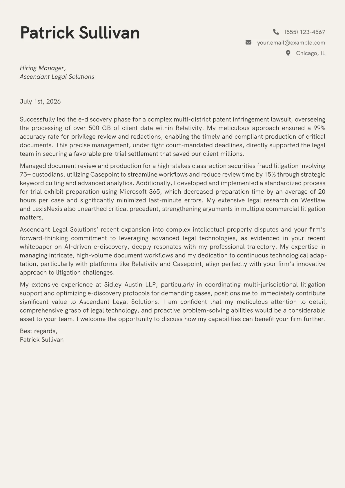 Litigation Paralegal cover letter formatted with a JobSprout template