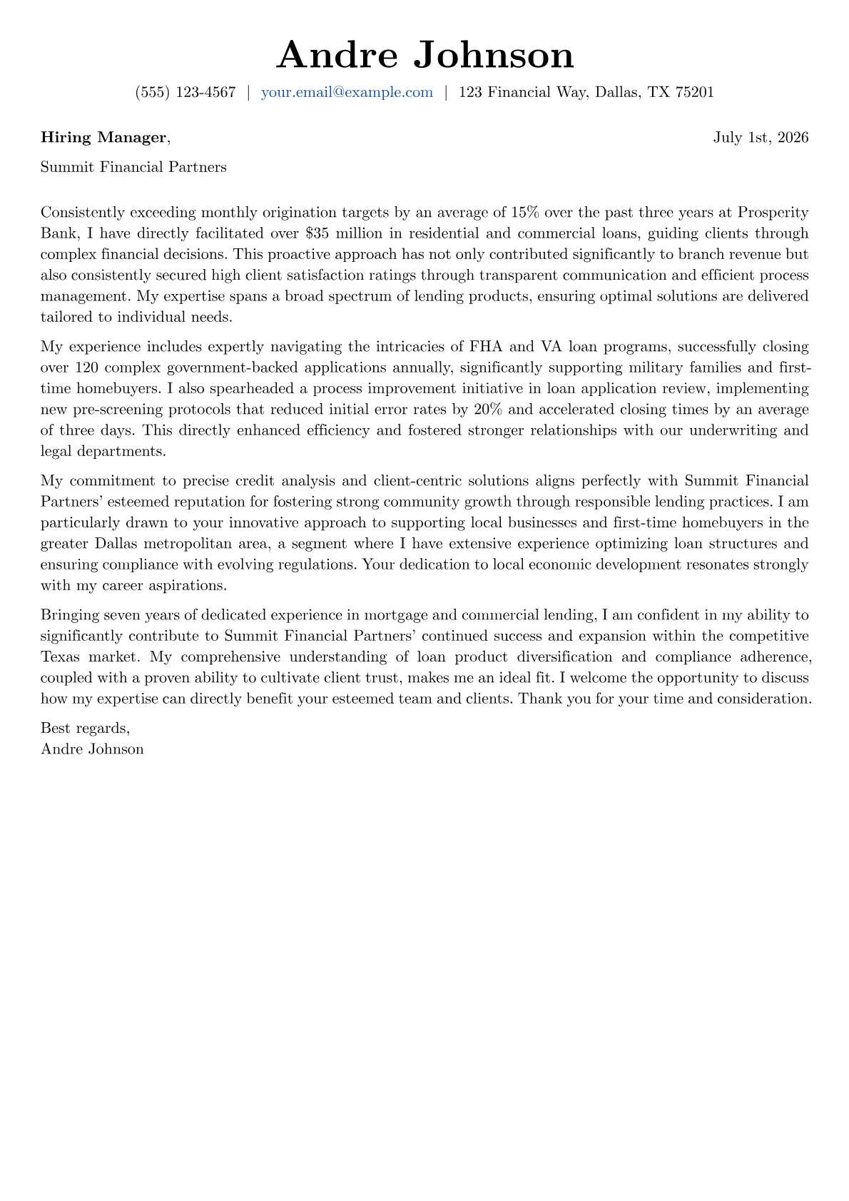 Loan Agent cover letter formatted with a JobSprout template