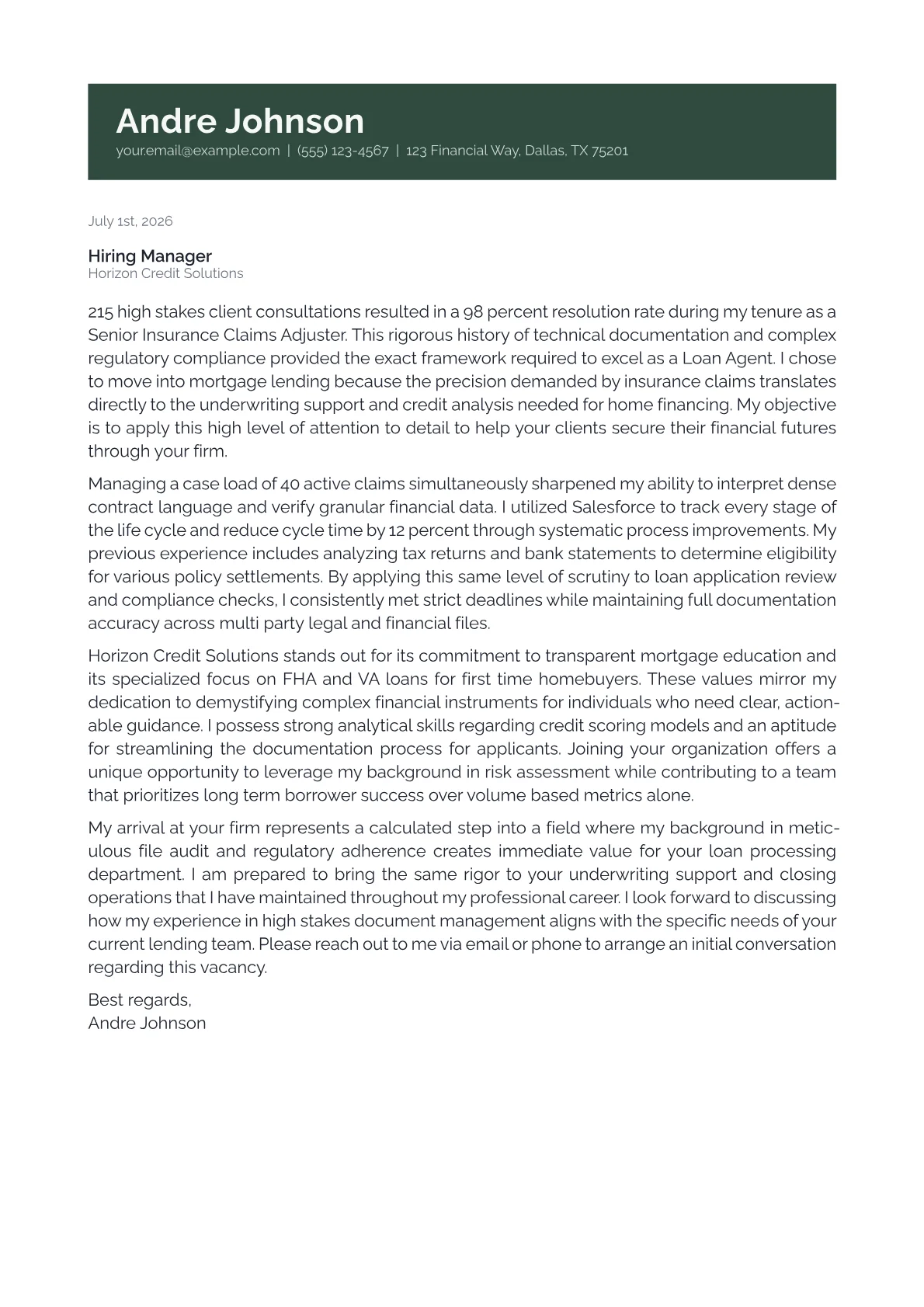 Loan Agent cover letter in the Banner design
