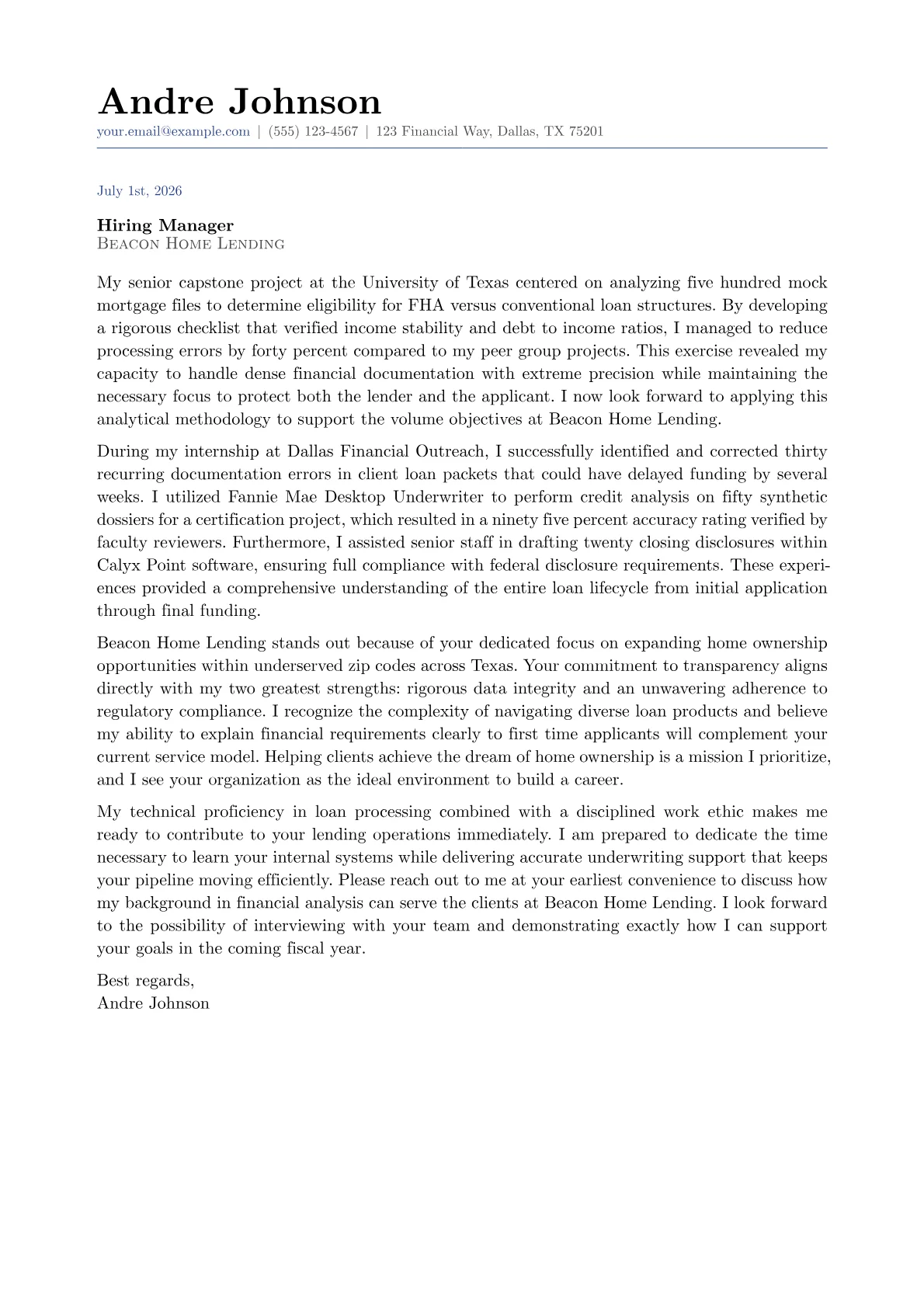 Loan Agent cover letter in the Classic design