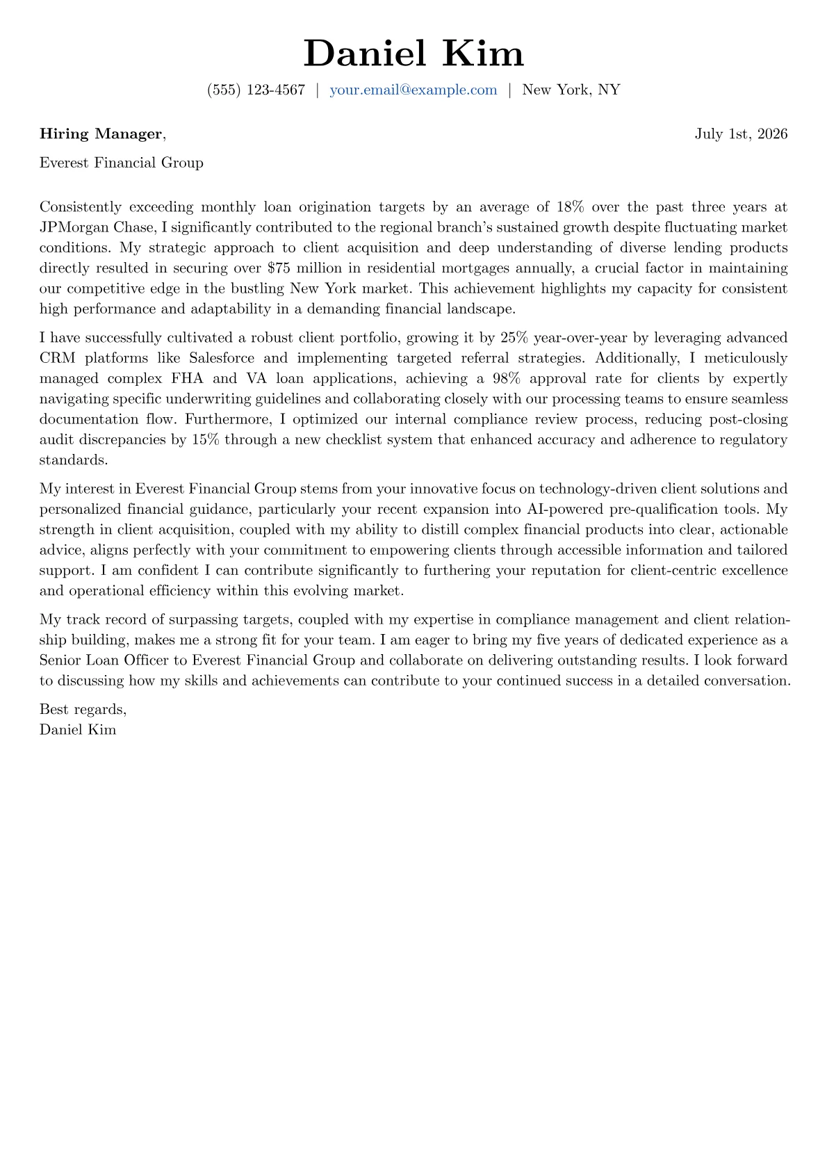 Loan Officer cover letter formatted with a JobSprout template