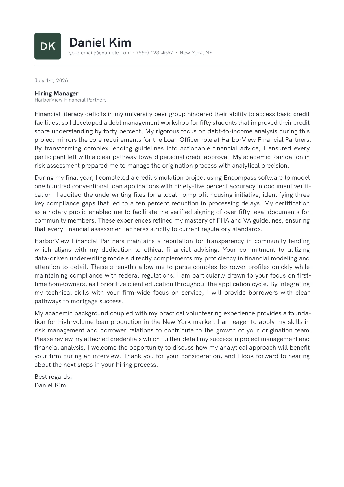 Loan Officer cover letter in the Emblem design