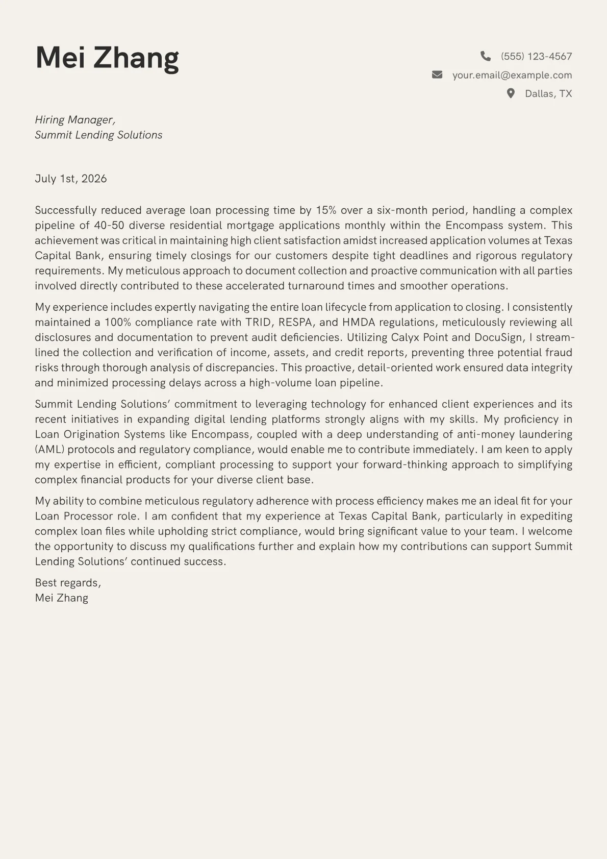 Loan Processor cover letter formatted with a JobSprout template