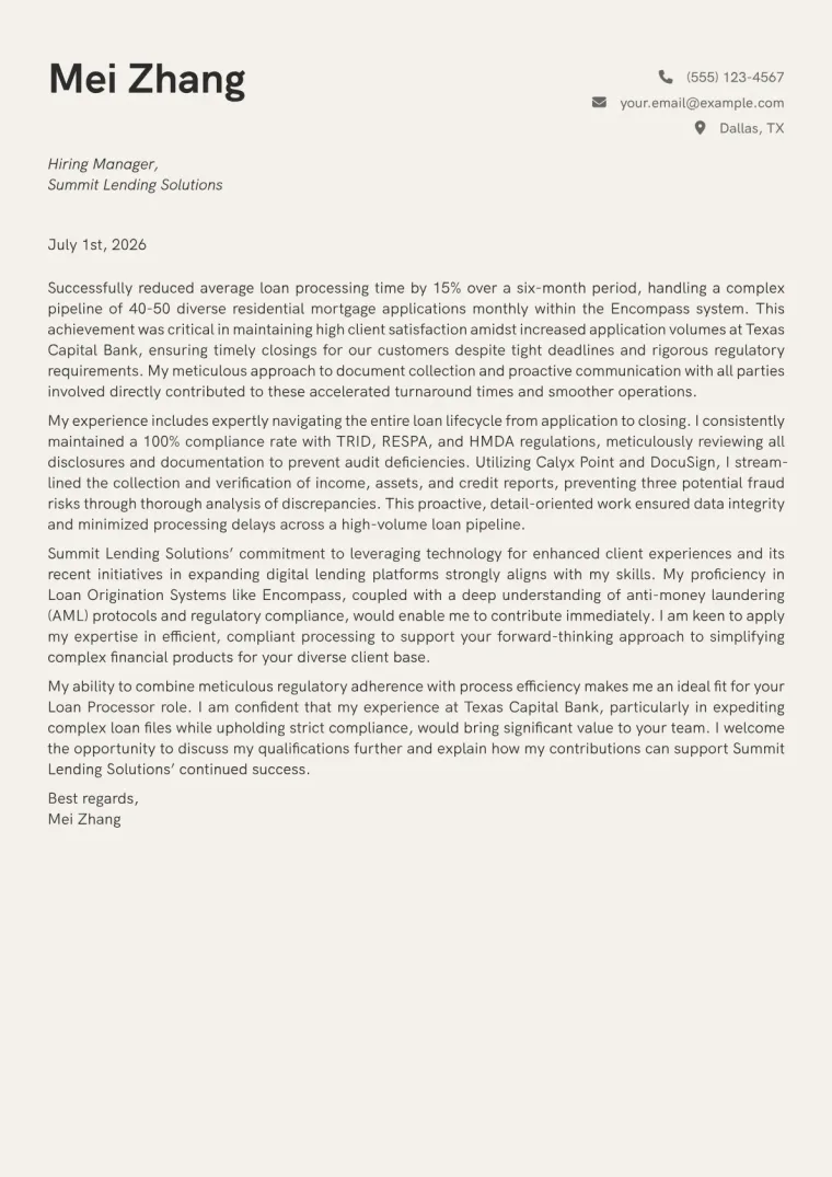 Loan Processor cover letter example preview