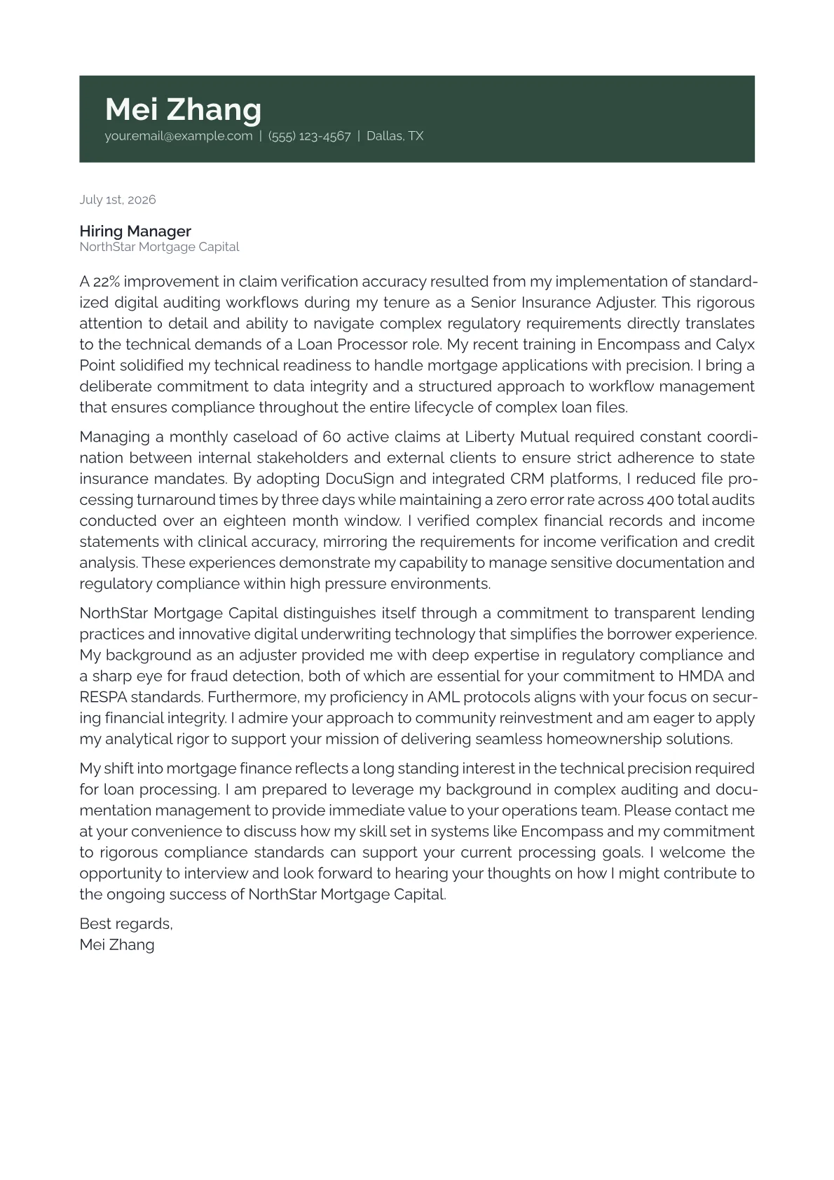 Loan Processor cover letter in the Banner design