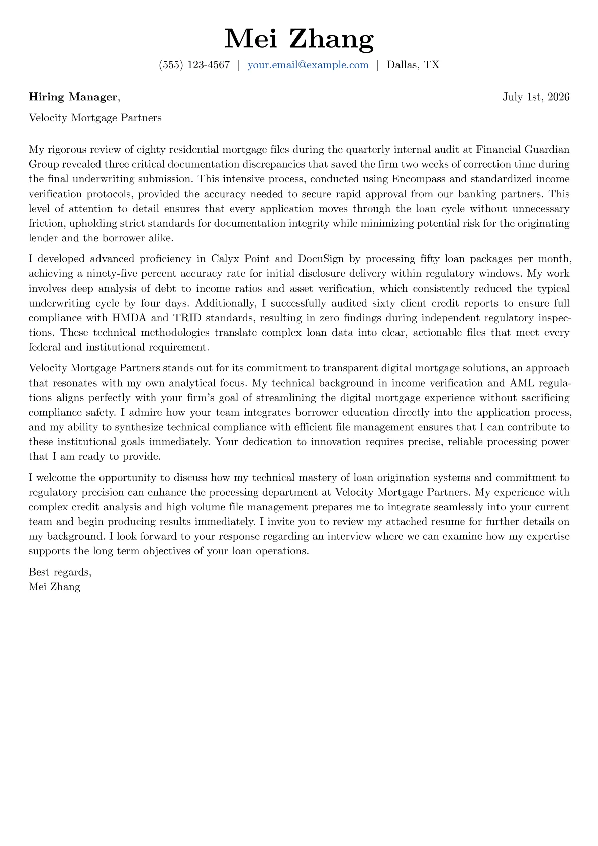 Loan Processor cover letter in the Basic design