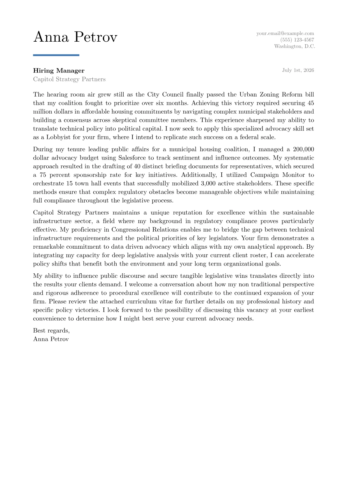 Lobbyist cover letter in the Executive design