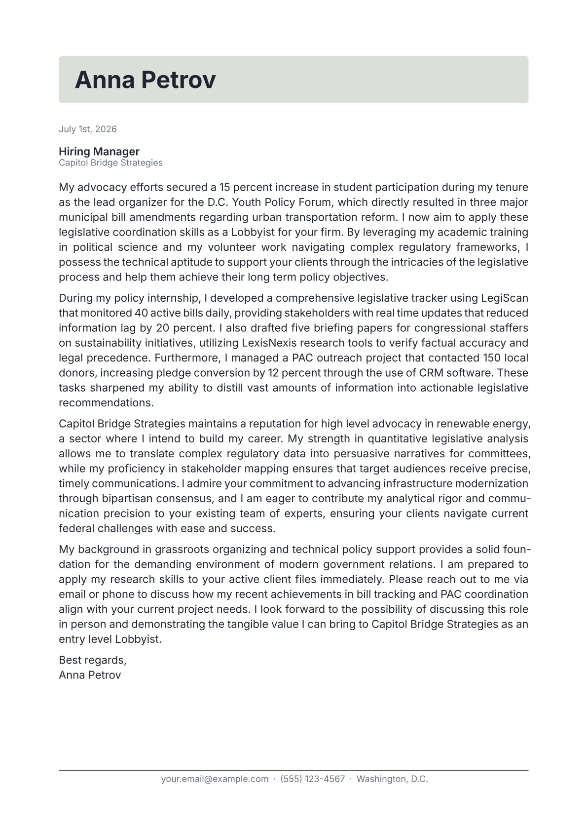 Lobbyist cover letter in the Letterhead design