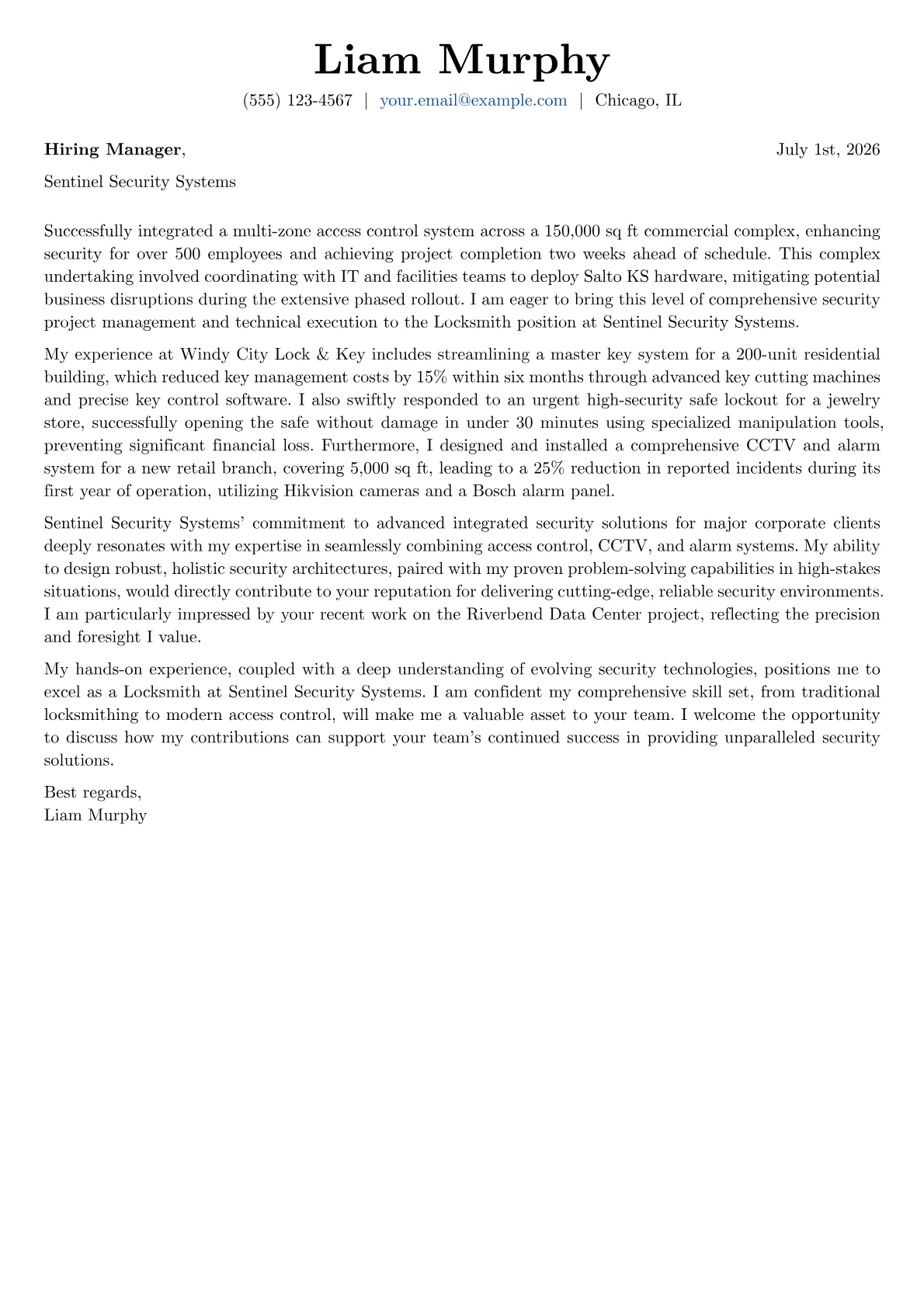 Locksmith cover letter formatted with a JobSprout template