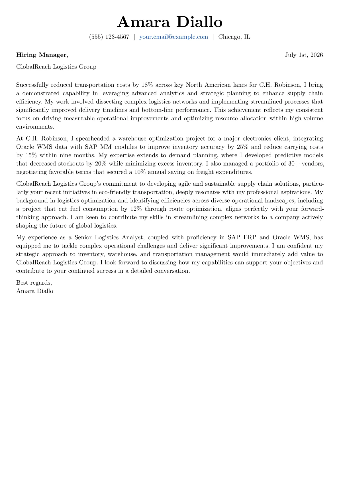 Logistics cover letter formatted with a JobSprout template